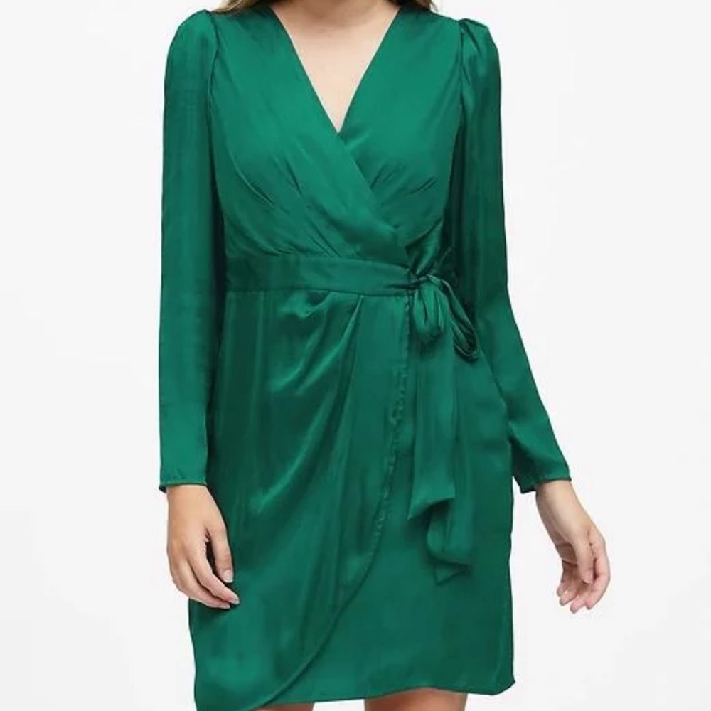 Banana Republic Green Wrap Sheath Dress with Bishop Sleeves